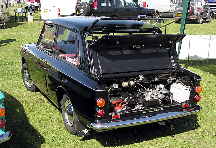 Alt="Hillman Imp with rear engine cover open at car show"