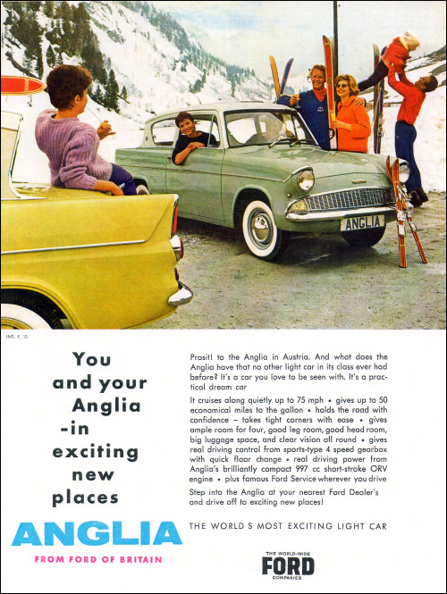 Alt="1961 Ford Anglia Ad displaying front and rear profiles"